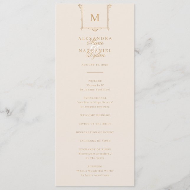Elegant Vintage Monogram Black and White Wedding Programme (Front)