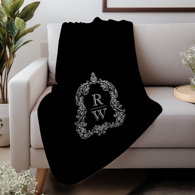 Elegant Vintage Monogram Crest Black White Sherpa Blanket (Creator Uploaded)