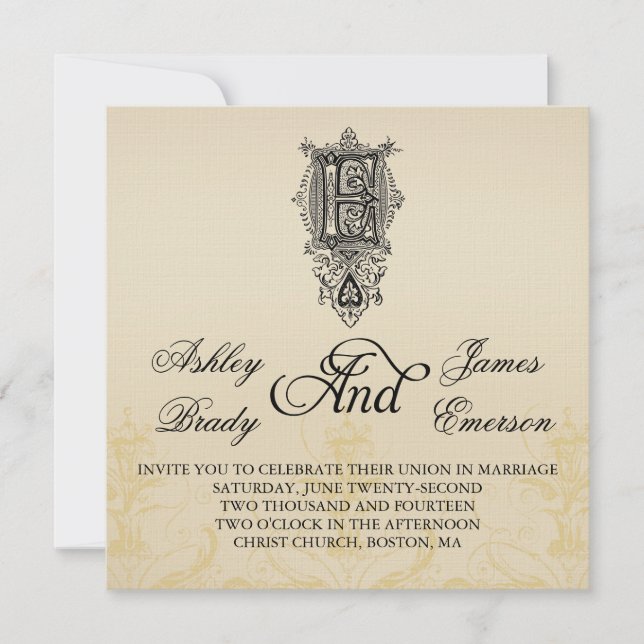 Elegant Vintage Monogram E Wedding Invitations (Front)