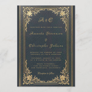 Elegant Vintage Monogram Gold on Navy Blue Wedding Invitation
