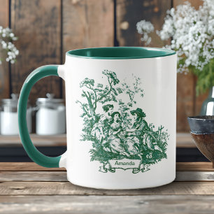 Elegant vintage monogram green toile de jouy mug
