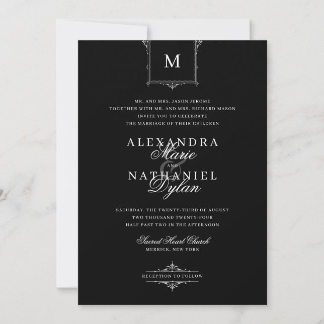 Elegant Vintage Monogram Grey and Black Wedding Invitation (Front)