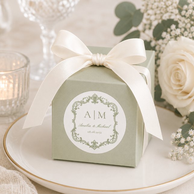  Elegant Vintage Monogram Wedding  Classic Round Sticker (Elegant Vintage Monogram Sage Green White Wedding Classic Round Sticker)