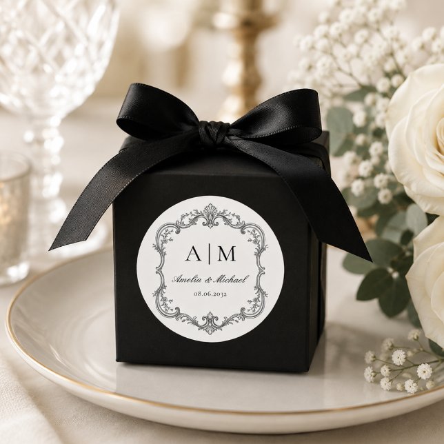  Elegant Vintage Monogram Wedding  Classic Round Sticker (Elegant Vintage Monogram Wedding Classic Round Sticker)