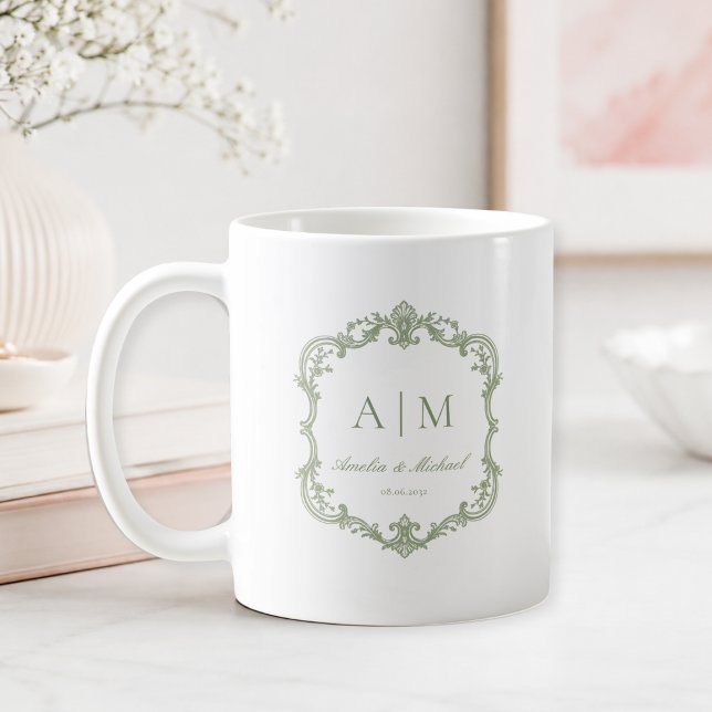  Elegant Vintage Monogram Wedding  Coffee Mug (Elegant Sage Green White Vintage Monogram Wedding Coffee Mug)