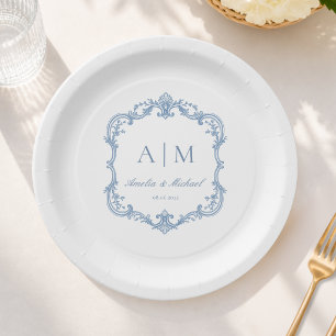 Elegant Vintage Monogram Wedding Dusty Blue Paper Plate