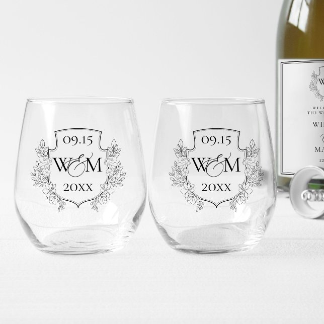 Elegant Vintage Monogram Wedding Stemless Wine Glass (Elegant Vintage Monogram Wedding Stemless Wine Glass Set)