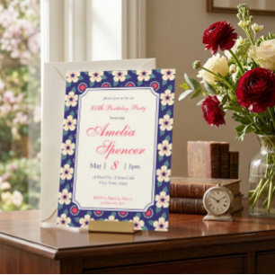 Elegant Vintage Navy Blue Floral Birthday Invitation