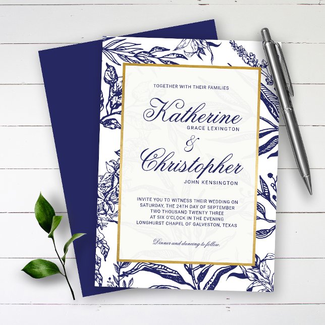 Elegant Vintage Navy Blue Gold Botanical Wedding Invitation (Creator Uploaded)