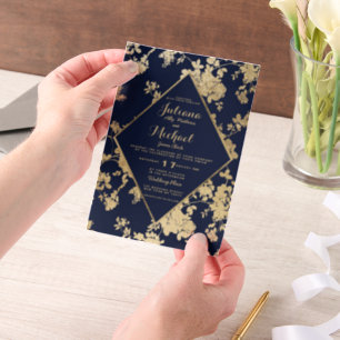 Elegant vintage navy blue gold floral wedding vellum invitations