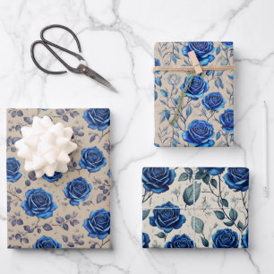 Elegant Vintage Navy Blue Roses Flora Pattern Wrapping Paper Sheet