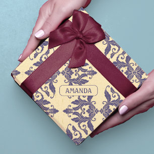 Elegant Vintage Navy Blue Yellow Damask Toile Wrapping Paper