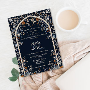 Elegant Vintage Navy Floral Arch Indian Wedding Invitation