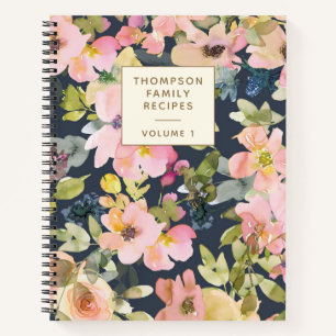 Elegant Vintage Navy Floral Personalised Recipe Notebook