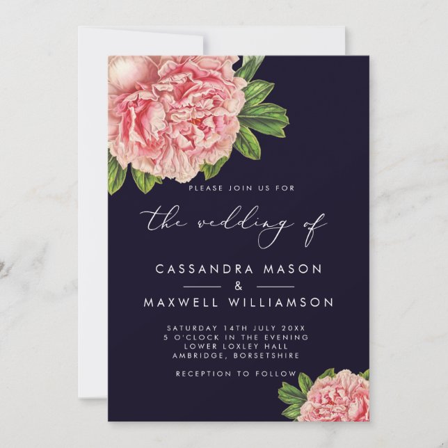 Elegant Vintage Navy & Pink Peony Wedding Invitation (Front)