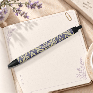 Elegant Vintage Navy Yellow Damask Monogram Black Ink Pen