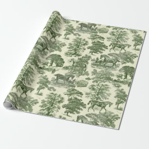 Elegant Vintage Olive Green Horse Toile Pattern Wrapping Paper