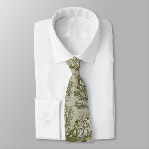Elegant vintage olive green toile de jouy printed tie