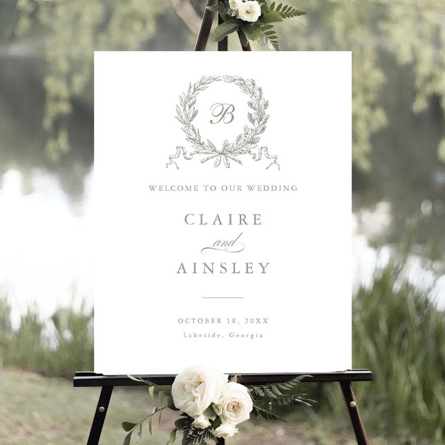 Elegant Vintage Olive Oak Grey Wreath Welcome Sign (Creator Uploaded)