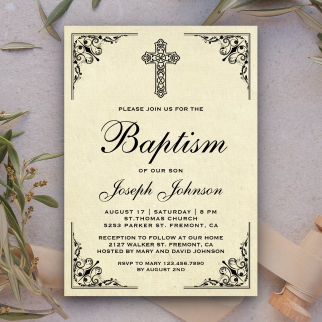 Elegant Vintage Ornate Cross Baptism Invitation (Creator Uploaded)