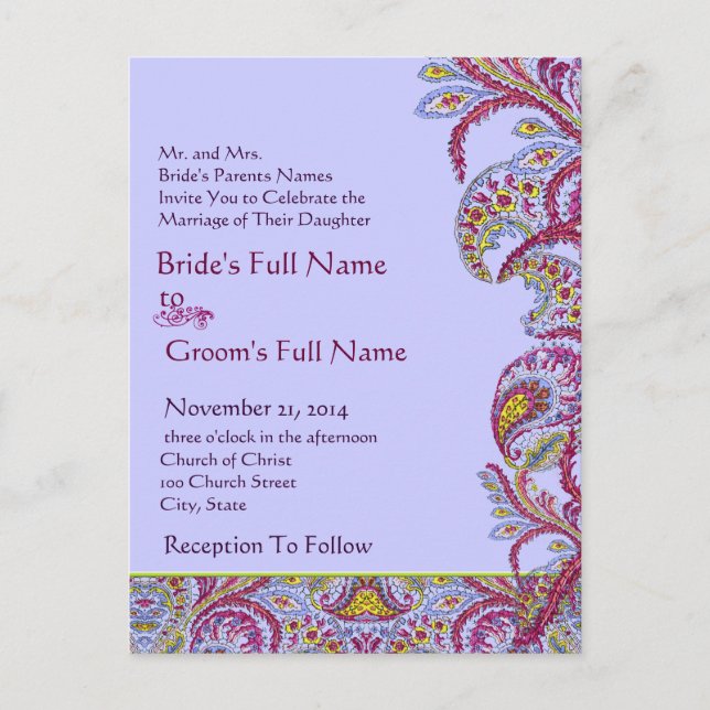 Elegant Vintage Paisley Wedding Invitation Postcard (Front)