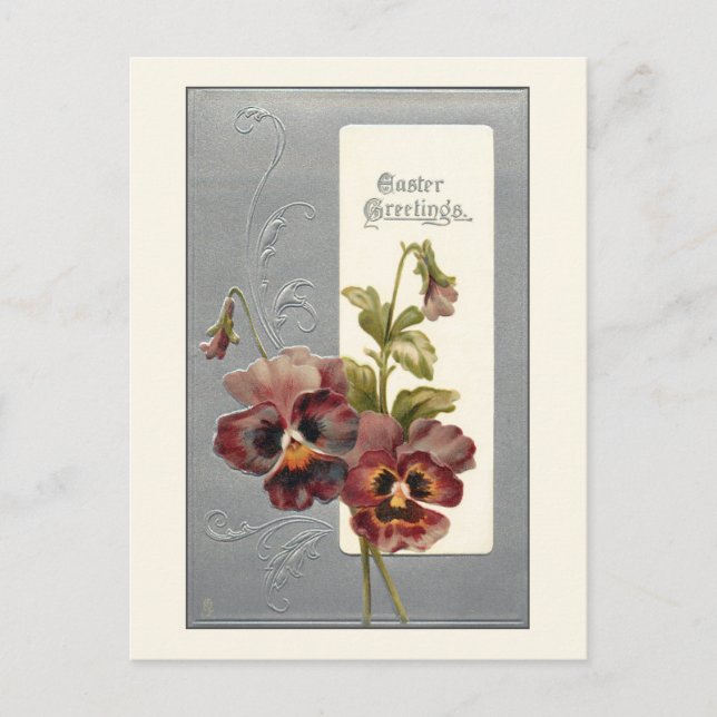 Elegant Vintage Pansies with Easter Greetings Postcard (Front)