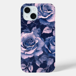 Elegant Vintage Pastel Blue Purple Roses iPhone 15 Case