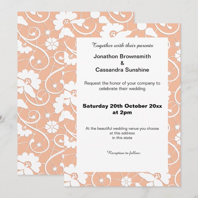 ELEGANT VINTAGE PEACH APRICOT LACE DIAMOND WEDDING INVITATION (Front/Back)