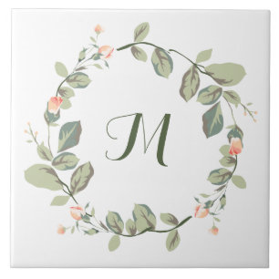 Elegant Vintage Peach Roses Greenery Monogrammed Tile