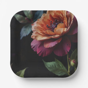 Elegant vintage peachy red floral moody boho paper plate