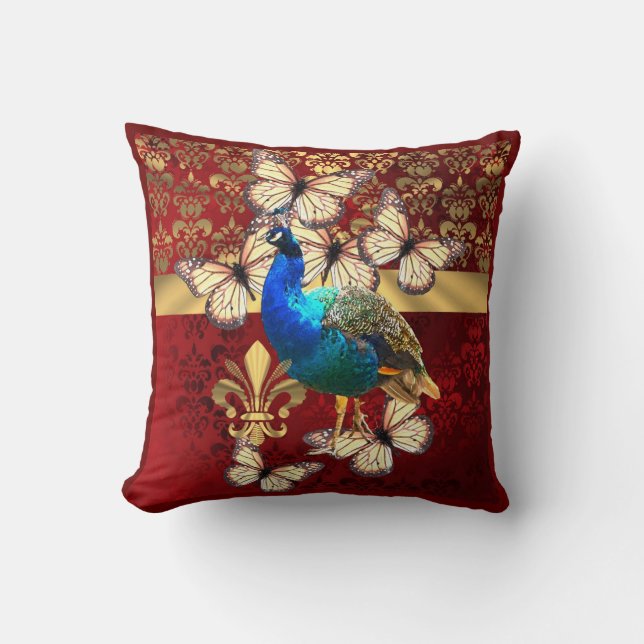 Elegant vintage peacock and red  damask cushion (Front)