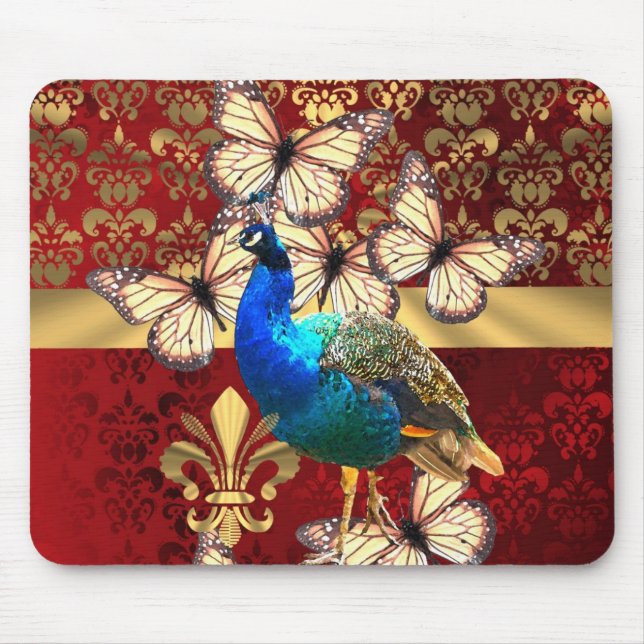 Elegant vintage peacock and red  damask mouse pad (Front)