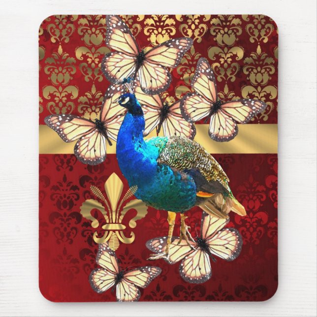 Elegant vintage peacock and red  damask mouse pad (Front)