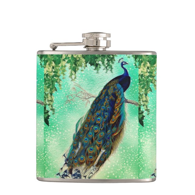 Elegant vintage peacock artwork   hip flask (Front)