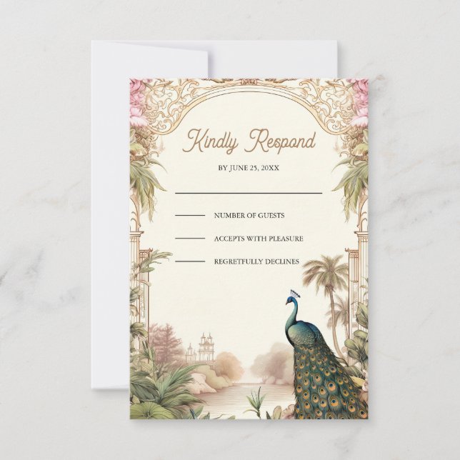 Elegant Vintage Peacock Garden Indian Wedding RSVP Card (Front)
