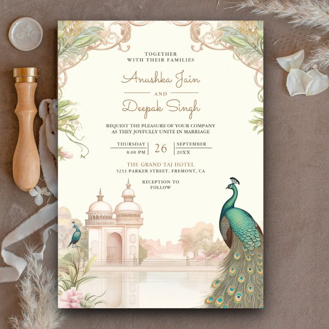 Elegant Vintage Peacock Indian Palace Wedding Invitation (Creator Uploaded)