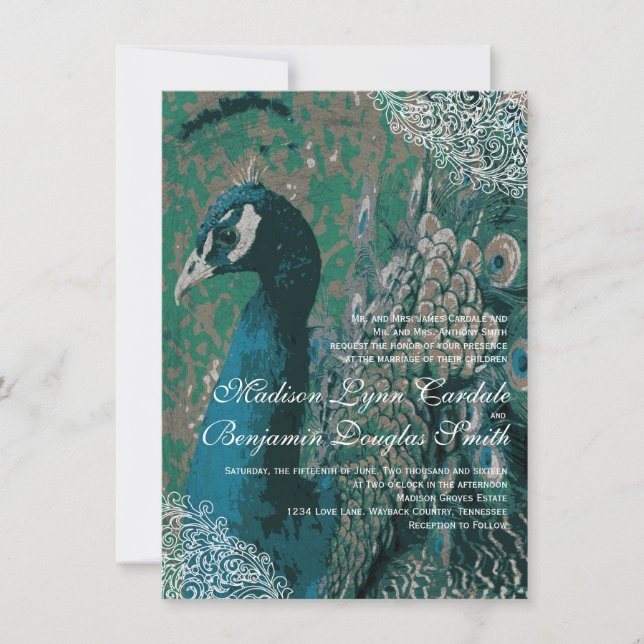 Elegant Vintage Peacock Lace Wedding Invitations (Front)