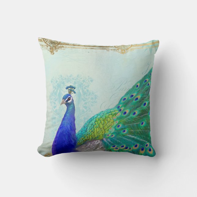 Elegant Vintage Peacock Tail Feather Art Painting Cushion (Front)