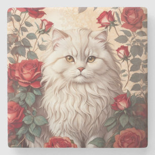 Elegant Vintage Persian Cat With Roses Stone Coaster