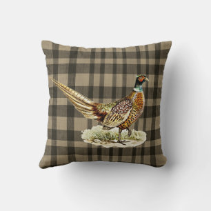 Elegant Vintage Pheasant Bird on Beige Brown Plaid Cushion