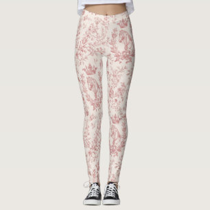 Elegant Vintage Pink Beige Equestrian Floral Toile Leggings