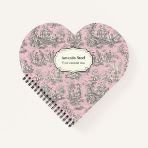 Elegant vintage pink black toile de jouy heart notebook