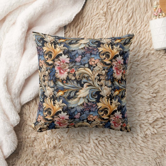 Elegant Vintage Pink Blue Gold Floral  Cushion (Blanket)