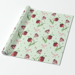 Elegant Vintage Pink Bows Tulips Floral Pattern  Wrapping Paper