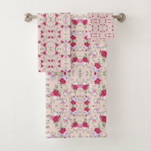 Elegant Vintage Pink & Burgundy Floral Pattern Bath Towel Set