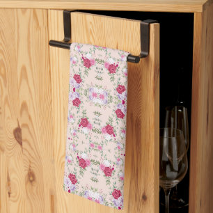 Elegant Vintage Pink & Burgundy Floral Pattern Tea Towel