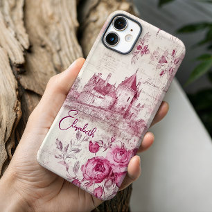 Elegant vintage pink castle floral toile monogram iPhone 16 pro case