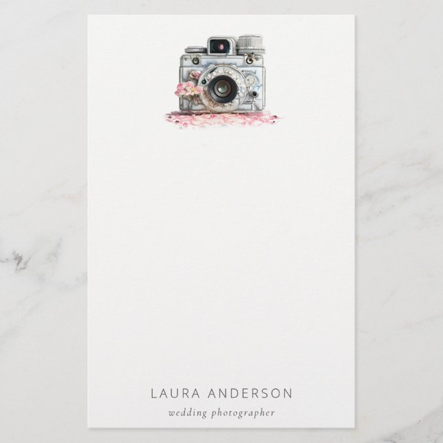 Elegant Vintage Pink Floral Camera Photography  Stationery (Front)