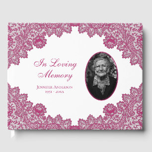 Elegant Vintage Pink Floral Lace Funeral Photo Guest Book