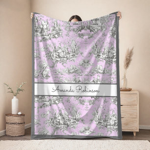 Elegant vintage pink floral lake toile de jouy fleece blanket